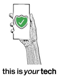 A a=black and white image of a hand holding a mobile phone with a green tick on the screen